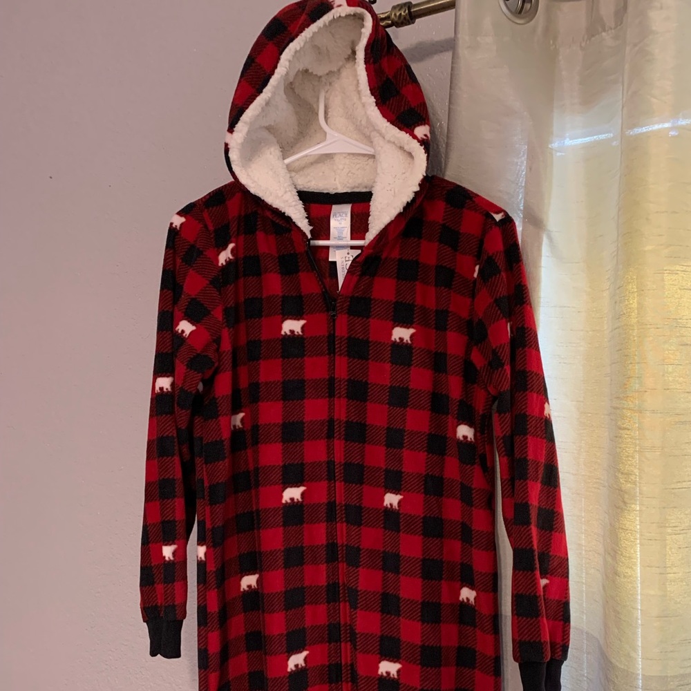 Fleece hooded zip-up onesie